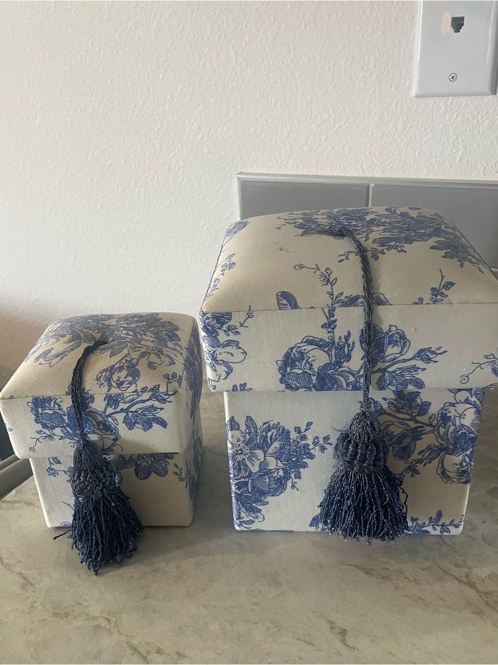 Blue Floral Decorative Storage Boxes with Tassels - Home Accents